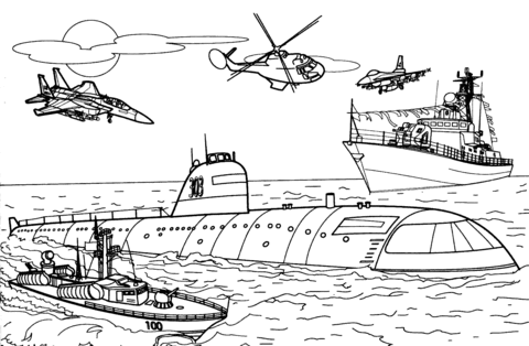 Navy Warships, Sumbarine And Aircraft Coloring Page